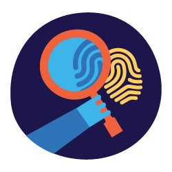 An icon that depicts a fingerprint under a magnifying glass for our Detective Science class.